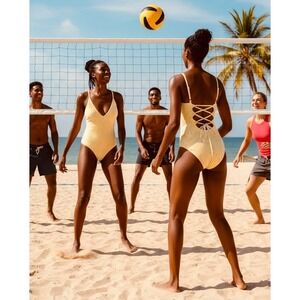 NWT Abercrombie & Fitch Yellow Seersucker Lace Up Cheeky Swimsuit  Sunkissed